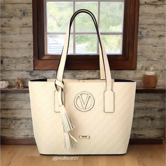 Valentino By Mario Valentino Handbags - VALENTINO BY MARIO VALENTINO Prince Logo Leather Tote in White/Cream NWT